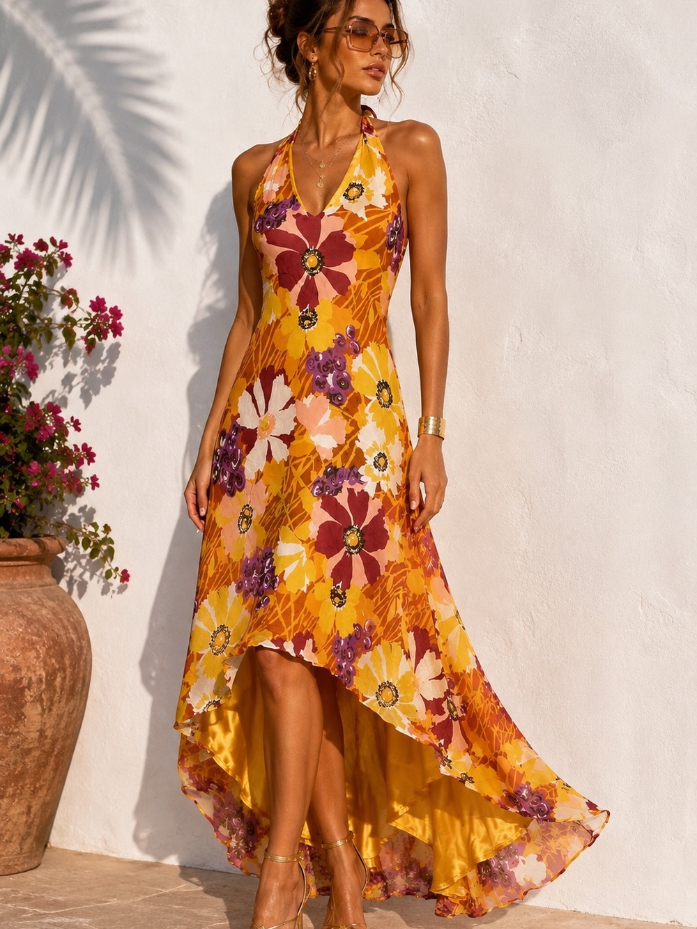 Donna Ricco Y2K Silk Floral Halter Dress 6 High Low Maxi Orange Boho Resort